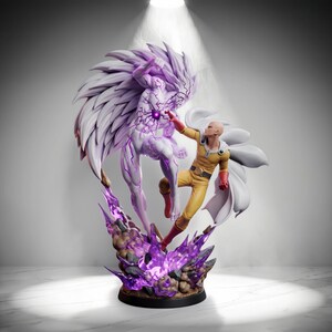 May include: A dynamic action figure set featuring a bald character in a yellow jumpsuit with a white cape and red gloves, striking a purple-veined, winged creature. The base is composed of jagged, translucent purple energy shards and dark rocks.