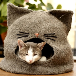 May include: A gray cat bed shaped like a cat's head with a gray cat sleeping inside. The bed has black embroidered whiskers and a pink nose.