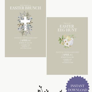 May include: An Easter Brunch and Egg Hunt invite bundle. The invitations feature floral designs, crosses, and Easter eggs. The text includes "Easter Brunch" and "Easter Egg Hunt", with event details and "Instant Download".