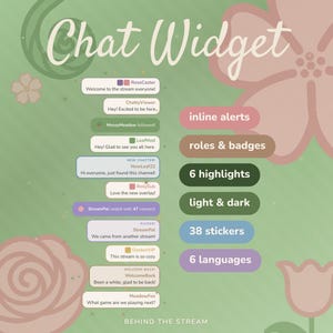 Puede incluir: Un widget de chat digital con un fondo verde suave e ilustraciones florales. El gráfico muestra mensajes de chat de muestra, insignias de usuario y una lista de características que incluyen alertas integradas, roles, insignias, 6 destacados, modos claro y oscuro, 38 pegatinas y 6 idiomas.