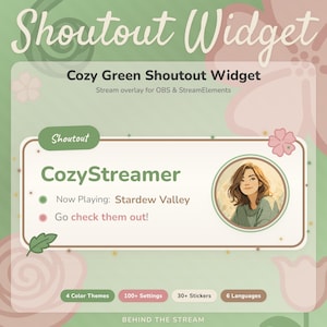 Könnte beinhalten: Eine digitale Grafik für ein "Cozy Green Shoutout Widget" Stream-Overlay. Das Design zeigt ein hellgrünes und rosa Farbschema mit floralen Akzenten. Das Widget zeigt "CozyStreamer" mit einem Profilbild und dem Text "Now Playing: Stardew Valley."