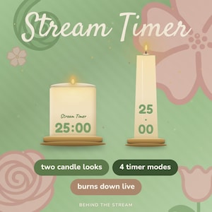 Peut inclure: Un graphique numérique Stream Timer montrant deux bougies crème sur des socles en bois. La bougie de gauche est large, celle de droite est haute, affichant 25:00 en vert. Les étiquettes indiquent two candle looks, 4 timer modes, burns down live.