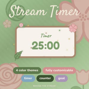 May include: A digital stream timer graphic featuring the text Stream Timer and 25:00 in large green font. The interface includes buttons labeled 4 color themes, fully customizable, timer, counter, goal, and the text BEHIND THE STREAM at the bottom.