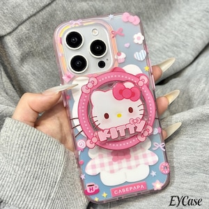 Funda MagSafe Hello Kitty con lazo rosa adorable, soporte magnético Sanrio Kawaii Dessert, funda para teléfono con estética Y2K femenina para iPhone 17 16 Pro Max