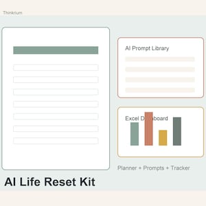 Op de afbeelding: Een afbeelding van een AI Life Reset Kit met het Thinkrium-logo. Het ontwerp omvat een planner, een AI-promptbibliotheek en een Excel-dashboard. De tekst "Planner + Prompts + Tracker" staat onderaan, met "AI Life Reset Kit" eronder.