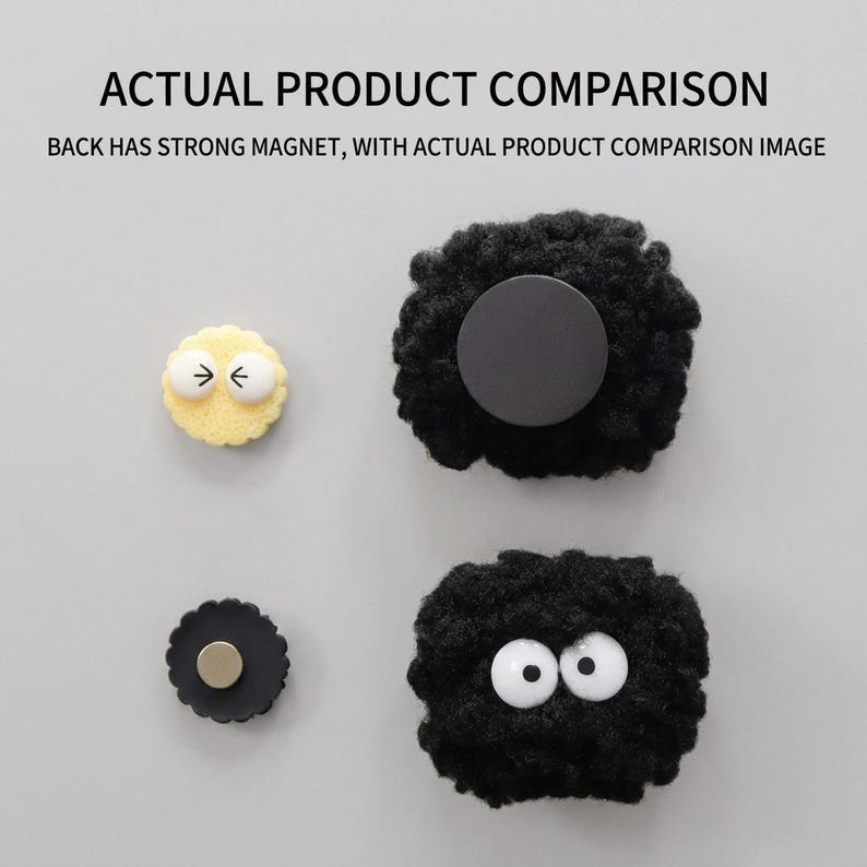 May include: Two fuzzy black circular magnets with white eyes and two smaller circular magnets, one yellow with eyes and one black with a metallic center. Text reads: ACTUAL PRODUCT COMPARISON. BACK HAS STRONG MAGNET, WITH ACTUAL PRODUCT COMPARISON IMAGE.