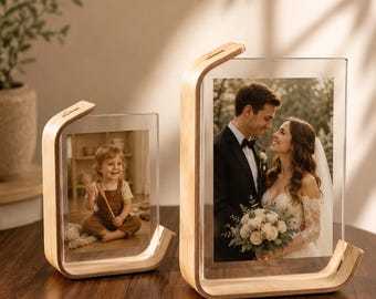 Minimalist floating glass photo frame, Wooden Glass Picture Frame, Mid-Century Modern Home Decor, Printable photos