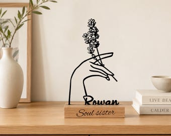 Personalized Hand Holding Flower Iron Sculpture, Romantic wedding anniversary gifts for couples, Minimalist Wood Base Decor