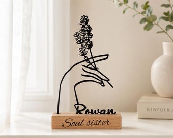 Personalized Metal Line Art, Custom Hand Holding Flower Iron Sculpture, Romantic Anniversary Table Decor