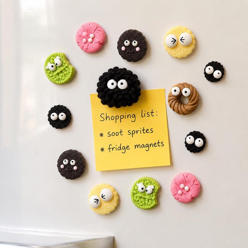 May include: A collection of round, textured fridge magnets featuring various colors including pink, green, yellow, brown, and black, many with white googly eyes. A yellow square note is held in place with the text Shopping list: soot sprites fridge magnets.