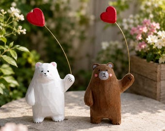 Handmade Wood Bear Figurine, Rustic Love Token Sculpture, Unique Couple Figurines
