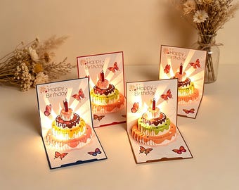 3D Birthday Cake Pop-Up Card | Built-in Light & Music | Blank Inside Birthday Card | Unique Greeting Card for Her Him