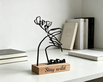 Minimalist Line Art Hand with Flower Iron Sculpture, Personalized Wood Base Engraving, Modern Home Decor Mantel Gift, Anniversary Birthday