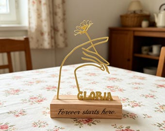 Custom Wrought Iron Hand Flower Sculpture, Engraved Name Date Wood Base, Unique Anniversary Keepsake