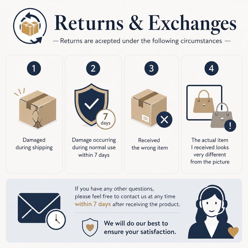 May include: An informational graphic titled Returns & Exchanges with four numbered steps. Icons depict a damaged box, a shield with a 7-day mark, a wrong item box, and a handbag comparison. Includes a contact message and a customer service icon.