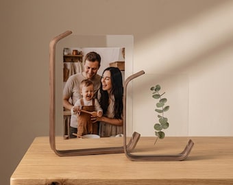 Wooden Glass Photo Frame Gift, Curved L-Shaped Picture Frame, Unique Anniversary Gift, Printable photos