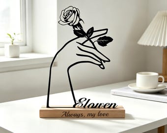 Minimalist Hand and Flower Iron Figurine, Custom Engraved Gift for Her, Sentimental Home Shelf Decor