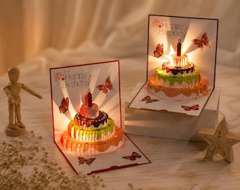 Musical Birthday Cards with Lights, 3D Birthday Cake Pop-Up Card, Birthday Party Favor, Birthday Gift