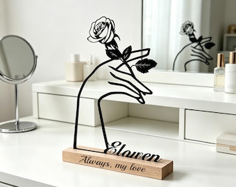 Personalized Hand with Flower Metal Art, Custom Engraved Iron Keepsake, Minimalist Wood Base Decor