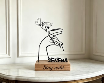 Custom wrought iron gift, Minimalist Metal Tabletop Decor with Wood Base, Modern Floral Tabletop Art, Modern Home Gift