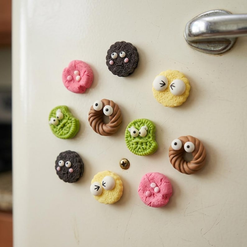 May include: A collection of ten circular cookie-shaped magnets featuring various colors including brown, pink, yellow, and green. Each magnet has small white googly eyes and some feature textured surfaces, bite marks, or ring shapes attached to a surface.