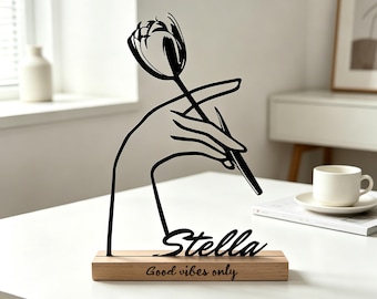 Minimalist Metal Hand Holding Bloom, Custom Engraved Iron Ornament, Wedding Anniversary Shelf Art, housewarming gift