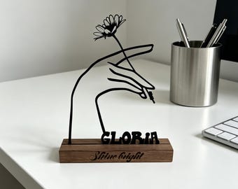 Custom Three Fingers Holding Bloom Iron Sculpture, Modern Floral Line Art, Wedding Gift Table Centerpiece