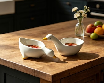 Cute Handmade Ceramic Duck-Shaped Dip Dish,  kitchen goose decor, "Drinking" and "Floating" Duck Sauce Bowl Set