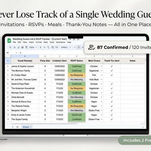 Feuille de calcul de suivi des invitations | Organisateur de RSVP de mariage pour Google Sheets et Excel