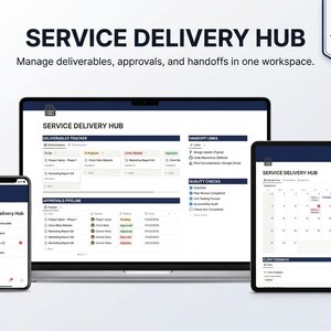 Può includere: Un'interfaccia di spazio di lavoro digitale, intitolata "SERVICE DELIVERY HUB", visualizzata su laptop, tablet e smartphone. L'interfaccia include sezioni per consegne, approvazioni e consegne. È visibile anche il testo "NOTION TEMPLATE 2026".