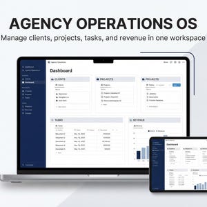 May include: A laptop and tablet display a dashboard interface for "Agency Operations OS." The screen shows data management for clients, projects, tasks, and revenue. The text "Manage clients, projects, tasks, and revenue in one workspace" is displayed.