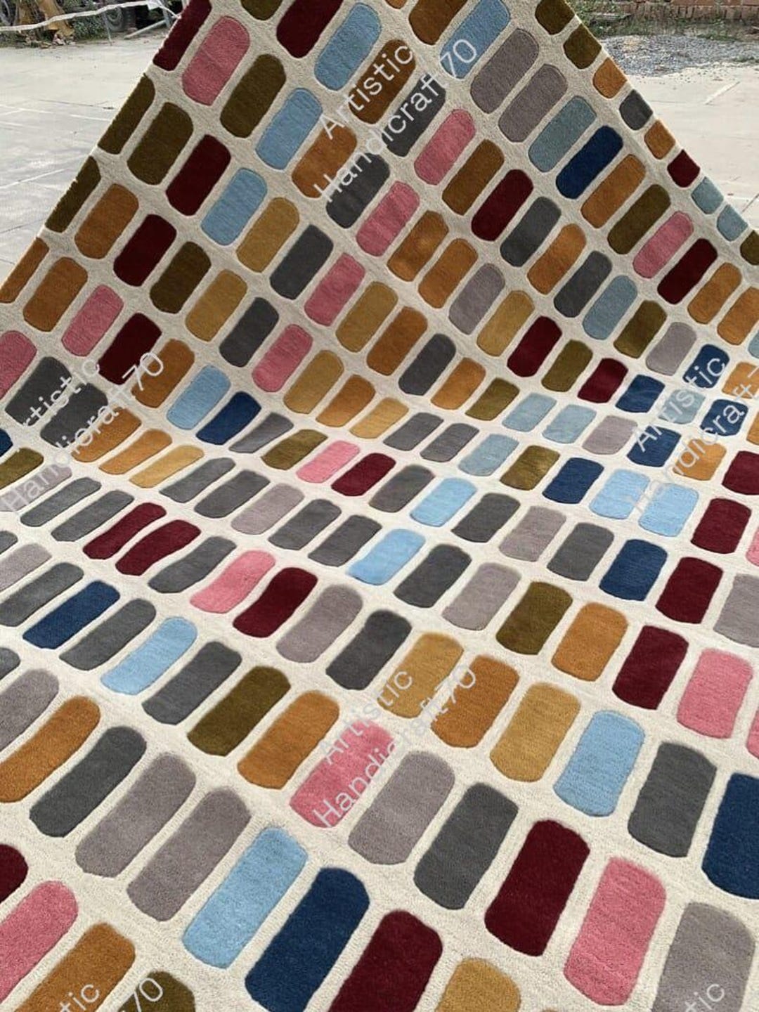 Mid Century Modern Geometric Wool Rug - Colorful Capsule Pattern Hand ...