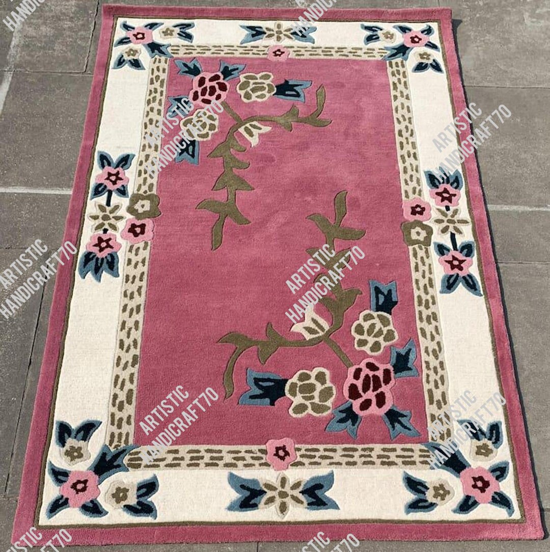 Hand Tufted Pink Floral Wool Rug - French Aubusson Style Area Carpet ...