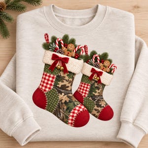 Camo Christmas Stockings PNG, Faux Patchwork with Red Bows, Digital Download