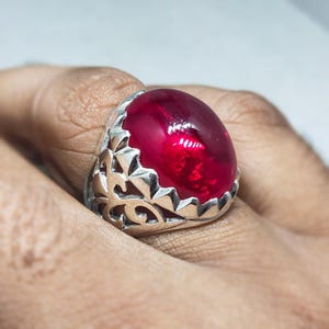 Lab-Created Ruby Yaqoot Ring – Sterling Silver Filigree Band – Men’s Statement Jewelry