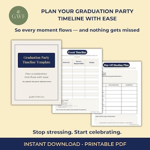 Puede incluir: Una plantilla de cronograma de fiesta de graduación con el texto "Planifica tu cronograma de fiesta de graduación con facilidad". La plantilla incluye una línea de tiempo de eventos y un plan de alojamiento para el día.