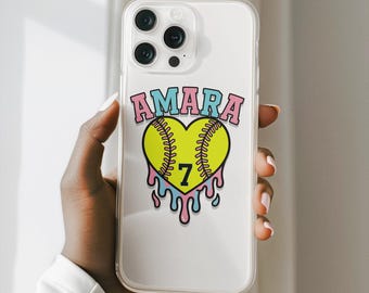 Funda personalizada para iPhone con diseño de sóftbol, nombre, número y corazón. Funda transparente para teléfono.