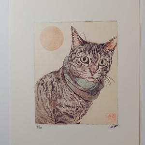 Gravura de Gato – Gravura Original em Cobre – Impressão Artística de Gato Feita à Mão – Edição Limitada – Gravura Japonesa