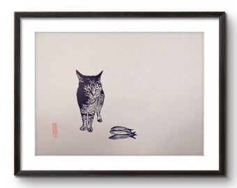 Japanese Cat Woodblock Print, Minimalist Cat Art, Zen Style Wall Art, Black Ink Cat with Fish, Wabi Sabi Decor