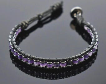 Amethyst Leather Bracelet, Genuine Gemstone, Boho Protection Jewelry