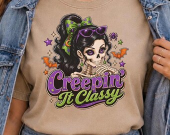 Creepin’ It Classy Halloween Shirt – Glam Skeleton Tee