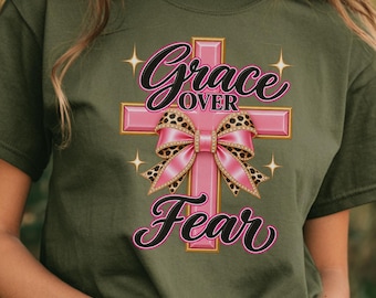 Grace Over Fear Shirt, Pink Cross and Leopard Bow Christian T-Shirt for Women
