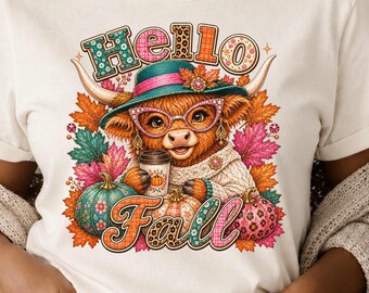 Highland Cow Fall Shirt, Hello Fall Pumpkin Graphic Tee, Cute Autumn Coffee Lover T-Shirt