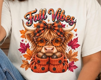 Highland Cow Fall Shirt, Comfort Colors 1717, Fall Vibes Graphic Tee with Plaid Bow