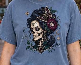 Gothic Skeleton Shirt, Raven Graphic Tee, Victorian Goth T-Shirt, Dark Floral Moth Tee, Celestial Halloween Shirt, Gift for Her