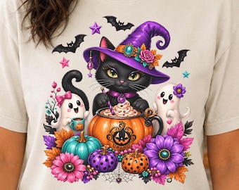 Halloween Cat Shirt, Comfort Colors Witch Cat Tee, Cute Ghost and Pumpkin Coffee Graphic, Fall Gift for Cat Lovers
