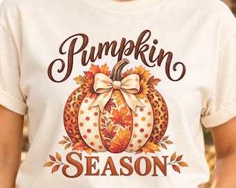 Pumpkin Season Comfort Colors Shirt, Leopard Pumpkin Bow Tee, Women’s Fall Thanksgiving T-Shirt