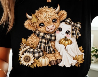Highland Cow Ghost Shirt, Comfort Colors Halloween Tee, Cute Plaid Pumpkin Graphic, Fall Cow Lover Gift