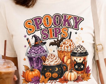Spooky Sips Shirt, Halloween Coffee Shirt, Cute Witchy Graphic Tee, Pumpkin Spice Shirt, Comfort Colors Fall T-Shirt