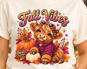 Fall Vibes Highland Cow Shirt, Comfort Colors Pumpkin Graphic Tee